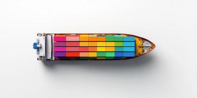 Vibrant and colorful containers stacked on a cargo ship at sea viewed from a modern graphic aerial perspective. Shipping industry concept photo