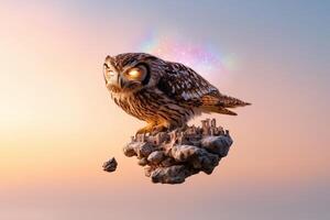 Majestic owl above a magical floating island city during surreal sunset. Mythical guardian concept art photo