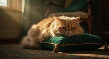 Serene Persian Cat Resting on a Velvet Cushion in Sunlit Room photo