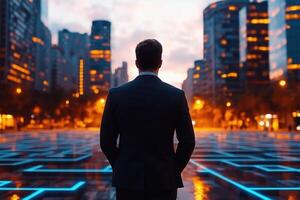 Businessman Contemplating Future Opportunities in a Futuristic Cityscape at Dusk photo