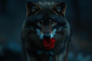 A wolf gently holding a red rose in its mouth, symbolizing the blend of strength and tenderness in nature. Wildlife romance concept photo