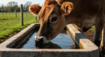 Jersey Cow Drinking from Rustic Trough A Pastoral Scene photo
