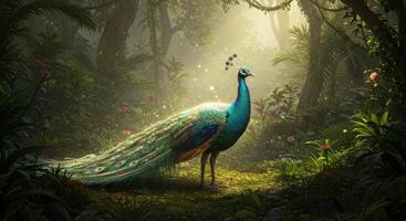 Majestic Peacock in Enchanted Forest A Serene Digital Painting photo