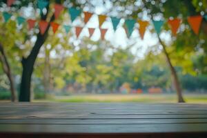 Wooden table set against a vibrant festive background with colorful decorations and outdoor elements. Celebration concept photo