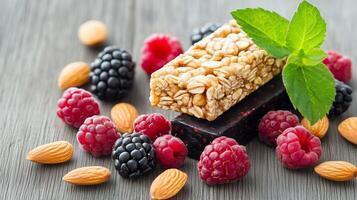 Healthy granola bars with fresh raspberries, blackberries, and almonds create a vibrant nutritious snacking. Food concept photo
