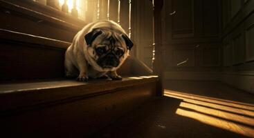 Pug on Wooden Staircase photo