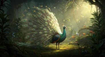Majestic Peacock in Enchanting Forest A Dreamlike Illustration photo