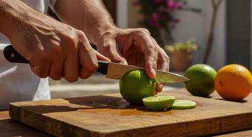Sunlit Citrus Slicing A Vibrant Culinary Scene photo