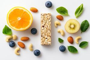 Colorful granola bar with fresh fruits and nuts for healthy snack option. Nutrition concept photo