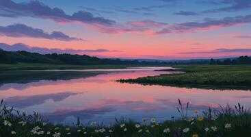 Lake Reflection at Sunset with Flower photo
