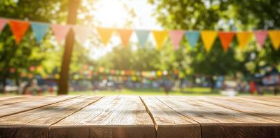 Wooden table with blurred background of sunny outdoor festival, for showcasing products or summer events. Event concept photo