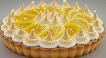 Delicious lemon meringue tart with gold leaf and citrus fruit slices photo