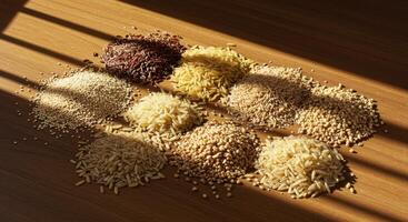 Sunlit Grains A Diverse Collection of Rice and Seeds in Warm Hues photo