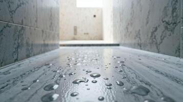 Water Droplets on Grey Marble Tile in Wet Room photo
