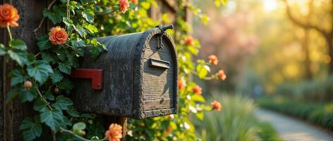 Vintage Mailbox Covered with Climbing Flowers on Fence photo