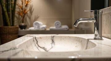 Modern marble sink with chrome faucet in spa interior photo
