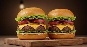 Delicious cheeseburgers with fresh toppings served on a wooden board photo