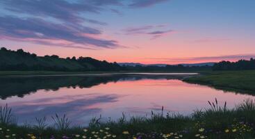 Sunset Lake Landscape with Reflection and Flowers photo