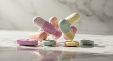 Pills and Capsules on Marble Surface photo