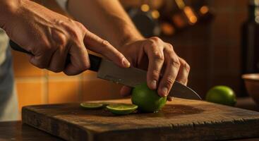 Masterful Hands Slicing Limes with Precision on Rustic Wood photo