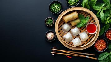 Overhead view of bamboo steamer with delectable dim sum, spring rolls, and vibrant garnishes. Asian cuisine presentation concept photo
