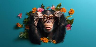 A Curious Chimpanzee with Glasses Surrounded by Vibrant Tropical Flowers on a Teal Background photo