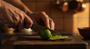 Lime Slicing A Rustic Kitchen Still Life photo