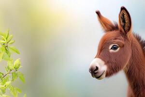 Adorable Mini Donkey Portrait Against Soft Green Background, Springtime Animal Photography photo