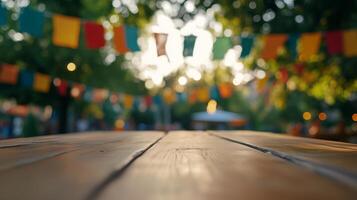 Empty wooden table set against blurred background of colorful party flags and trees, perfect setting for summer events and celebrations. Event concept photo
