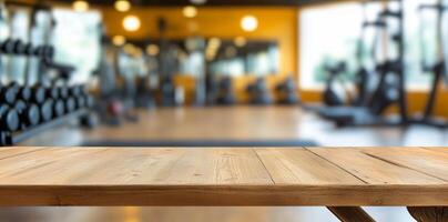Rustic wooden tabletop with blurred background of modern gym, perfect setting for showcasing fitness products or healthy lifestyle concepts. Fitness display concept photo