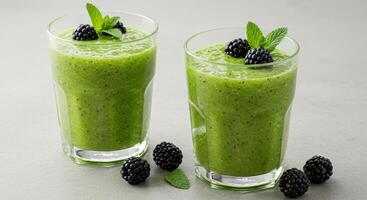 Two refreshing green smoothies with blackberries and mint on a gray table photo