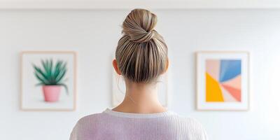 Woman with topknot hairstyle observes minimalist art in modern gallery, reflecting on culture and design. Contemplative exhibition experience photo