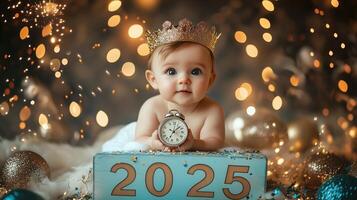 Adorable Baby Celebrating New Year 2025 with Festive Lights and Clock photo