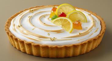 Delicious lemon meringue pie with citrus and gold leaf for dessert lovers photo