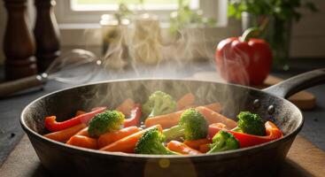 Steaming Vegetables in Rustic Cast Iron Pan A Warm Kitchen Scene photo