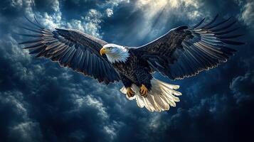 Majestic Bald Eagle Soaring Through Dramatic Storm Clouds A Breathtaking Display of Power and Freedom photo