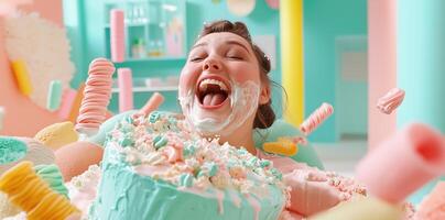 Joyful Woman Covered in Whipped Cream and Cake in a Pastel Wonderland photo