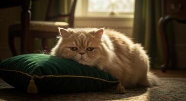 Melancholy Persian Cat Resting on Emerald Green Pillow in Sunlit Room photo