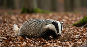 Running American Badger Disturbing Leaves in a Forest During Autumn photo