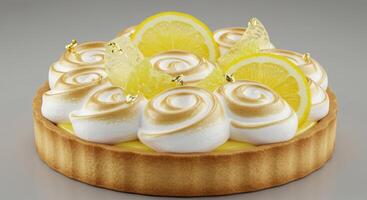 Delicious lemon meringue tart with fresh lemon slices close up view photo