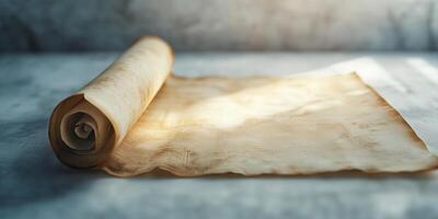 An aged, partially unrolled parchment scroll rests on textured surface, bathed in soft light, evoking sense of history and mystery. Historical concept photo