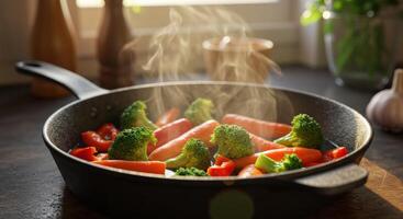 Steaming Vegetables in Rustic Pan A Warm Kitchen Scene photo