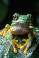 Vibrant Green Tree Frog Rests On A Dewy Leaf photo