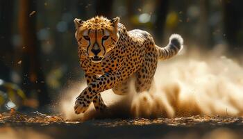 A cheetah running through the woods photo