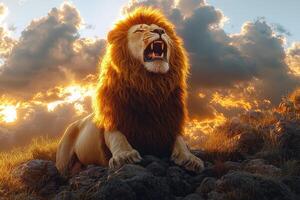 A lion roaring in the sun with clouds in the background photo
