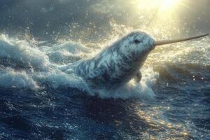 A narwhal is swimming in the ocean photo