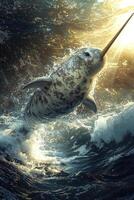 A narwhal is jumping out of the water photo