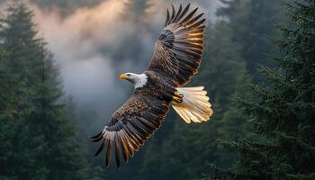 Bald Eagle Soaring Through OVER Misty Forest photo