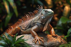 Green Iguana Reptile Basking On Rock In Jungle Habitat photo