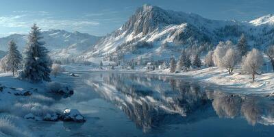 Winter landscape features a serene river reflecting snowy mountains and trees during a clear day photo